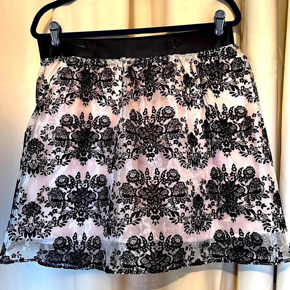 Express ivory satin with black velour lace overlay skirt